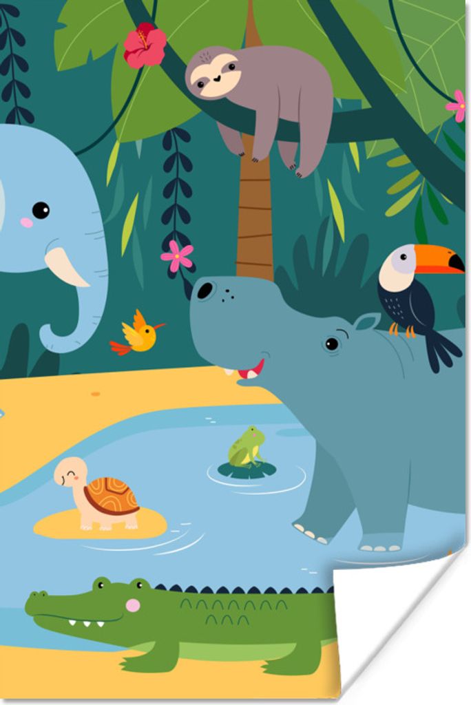 MuchoWow Poster Blumen - Tiere - Dschungel - Kinder 60x90 cm - Wanddekoration