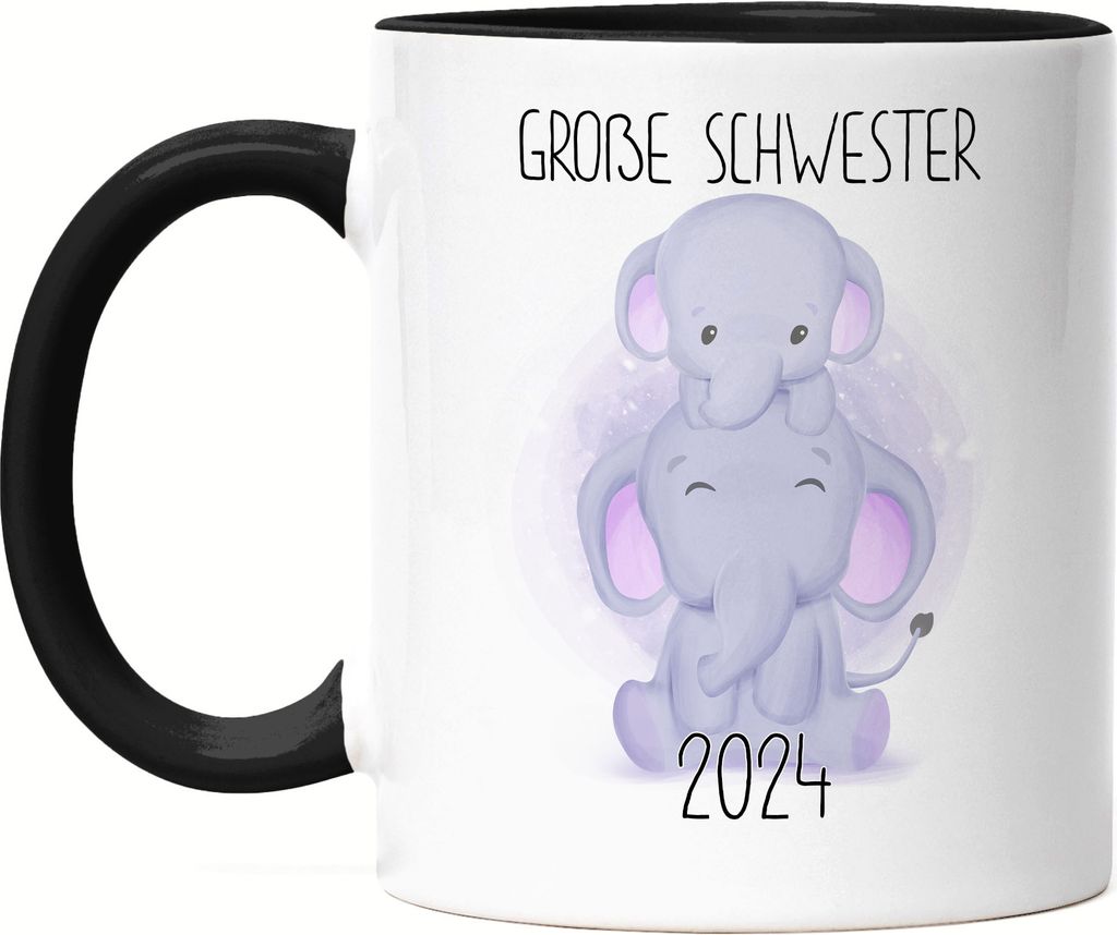 Große Schwester 2024 Tasse Schwarz Geschwisterliebe Sister Elefant Geborgenheit Beschützer Familie Liebe Verantwortung