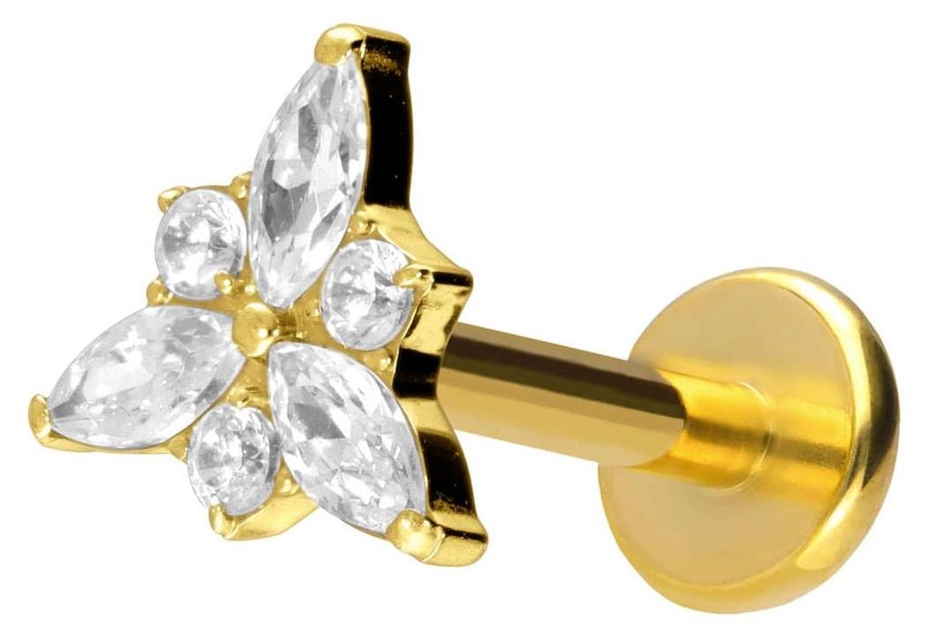 Ohrpiercing, Nasenpiercing Titan Labret mit Push Fit KRISTALLBLÜTE Gold Stablänge: 9mm | Stabstärke: 1,2mm