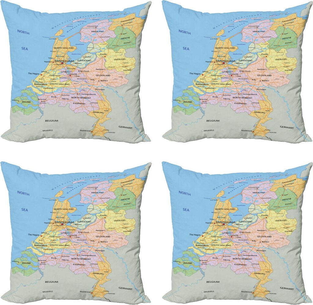 ABAKUHAUS Amsterdam Kissenbezug Set (4 Stück), Karte von Umgeben Regionen, Moderner Doppelseitiger Digitaldruck, 45 cm x 45 cm, Mehrfarbig