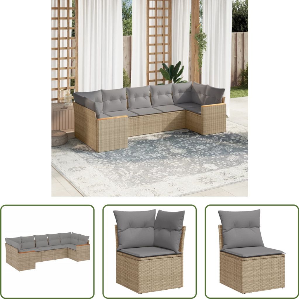 The Living Store 7-tlg. Garten-Sofagarnitur mit Kissen Beige Poly Rattan