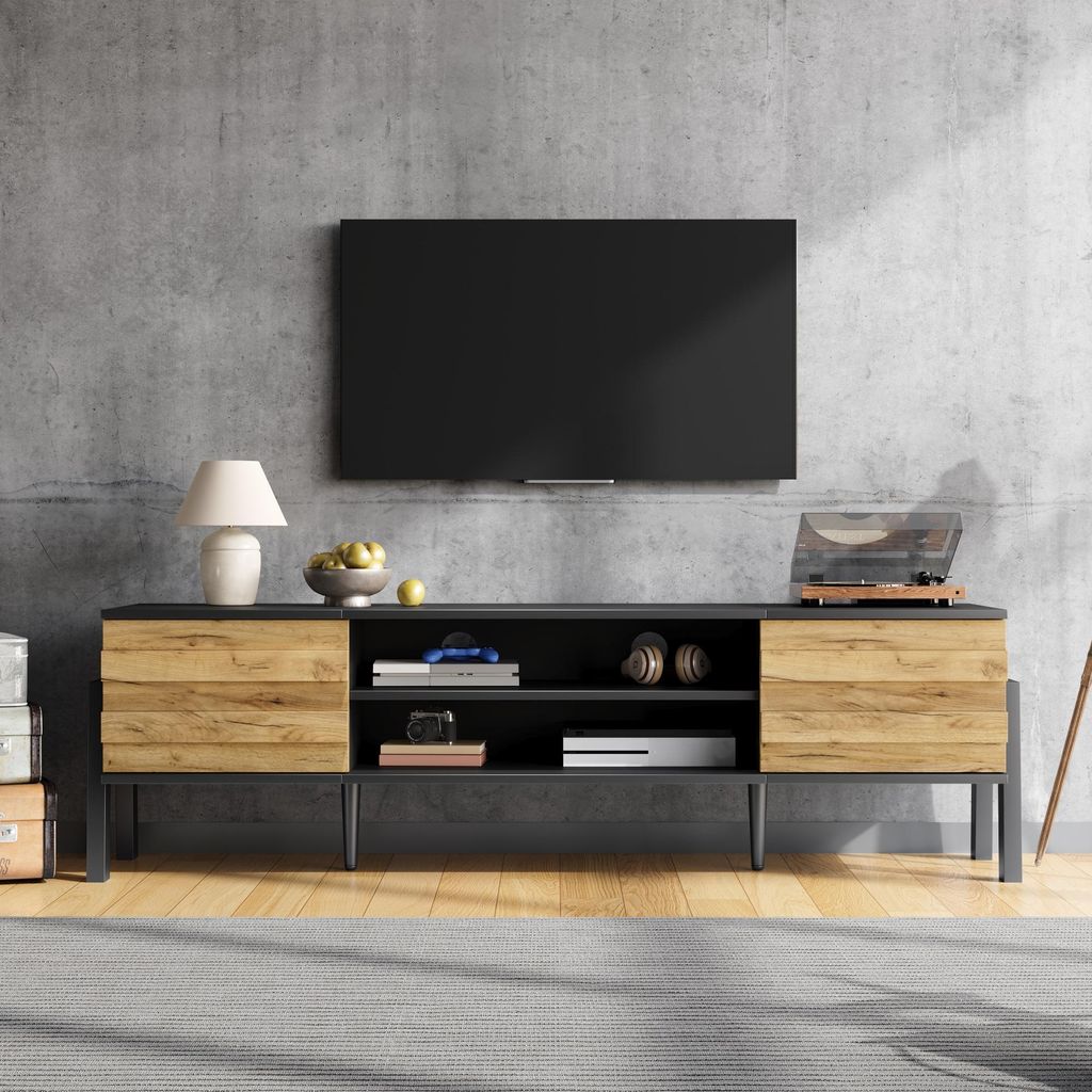 Merax TV-Schrank mit 2 Türen und Offene Regale, TV-Ständer TV Lowboard mit Soft-Close, Wohnzimmerschrank für bis 70 Zoll, Schwarz + Holz