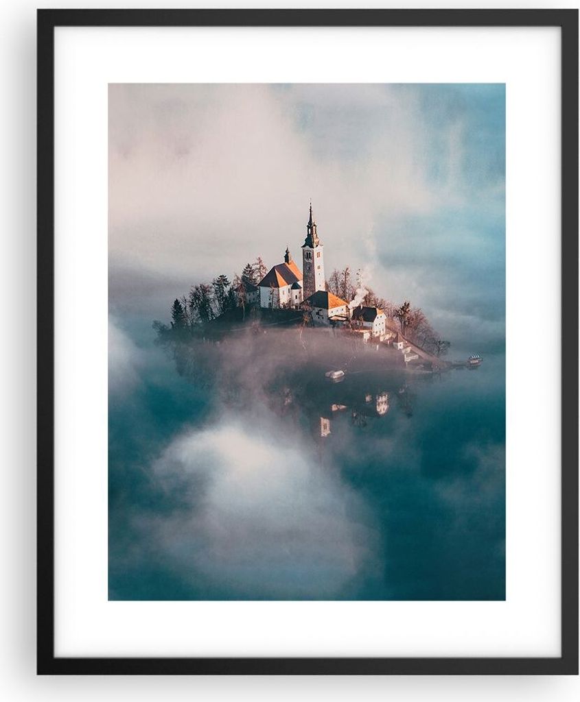 Gerahmtes Poster - Schwarzer Rahmen - Alpen Bled Kirche - 40x50 cm - Wand Bild - Wanddeko - Wandbilder - Kunstposter - Wandposter - Bilderrahmen - ...