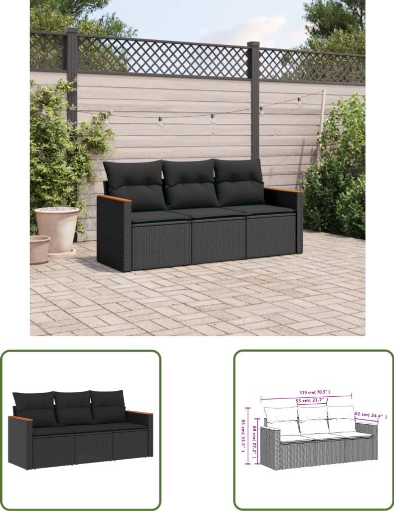The Living Store 3-tlg. Garten-Sofagarnitur mit Kissen Schwarz Poly Rattan