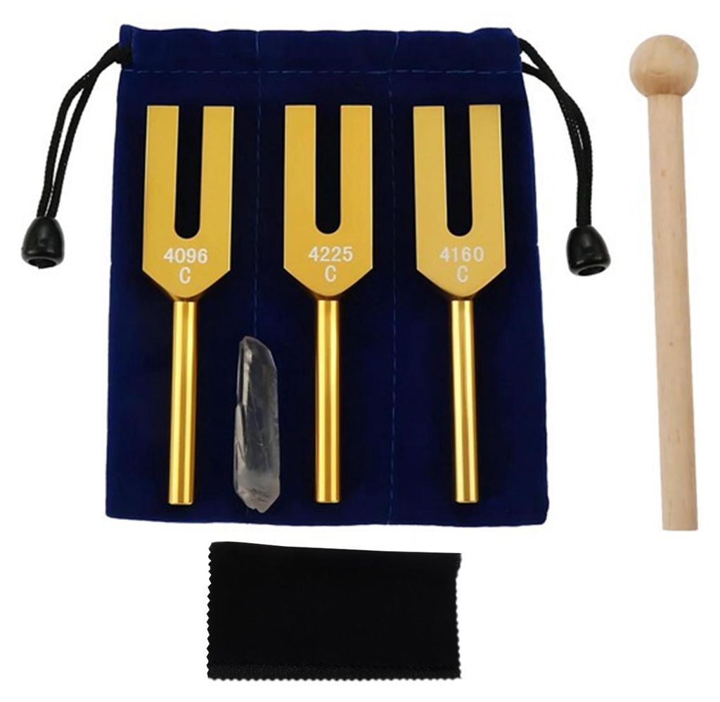 3-teiliges Set Stimmgabeln aus Aluminium mit Holzhammer und Kristallimitat-Tasche (4096/4160/4225 Hz) – Heilinstrumente, Yoga, Meditation und Ent...