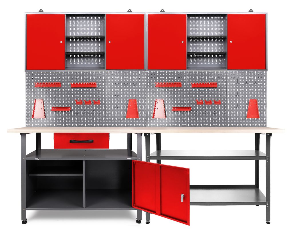 Ondis24 Metall Werkstatt Set 240 cm "Erfinder" rot 2x Werkbank + Schränke Arbeitshöhe 85 cm abschließbar höhenverstellbare Füße Arbeitsplatte...