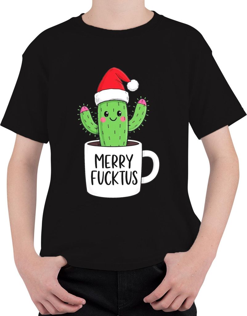 MERRY FUCKTUS lustiger Weihnachtskaktus Nikolaus Mütze Geschenk Uni Kinder T-Shirt, Schwarz, 104