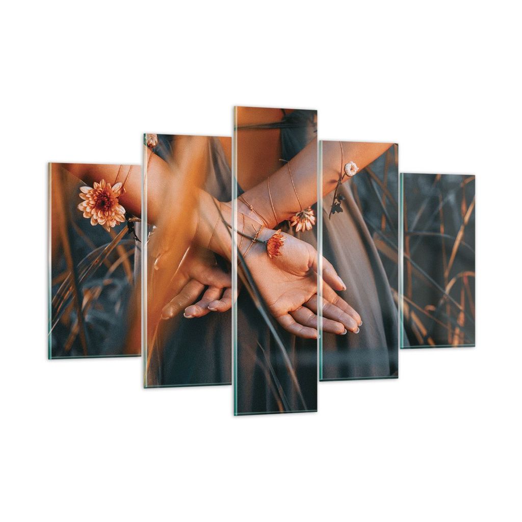 Bilder auf glas - 5 Teile - Frau Hände Wiese - 150x100cm - Glasbilder - Wandbilder - Bilder - zum Aufhängen bereit - Wanddekoration aus Glas - Gl...