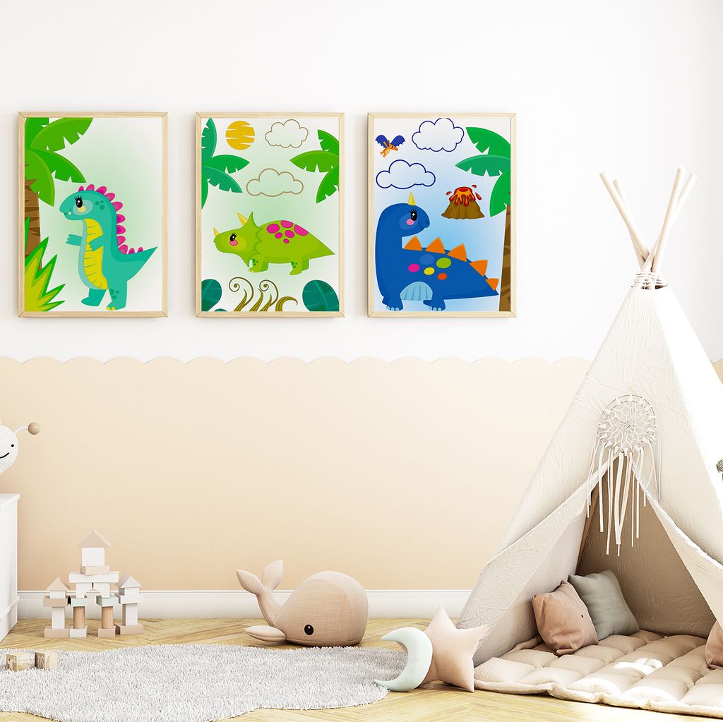 Niedliche Dinosaurier Bilder 3er Set DIN A4 Kinderzimmer Dino Wandbilder Babyzimmer Poster Dekoration