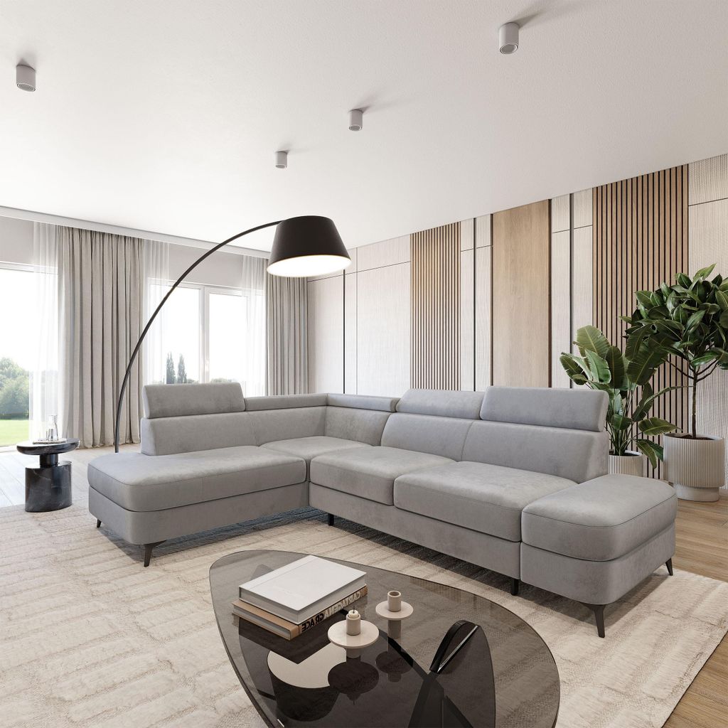 Masseno Ecksofa AVISE M L-S mit Schlaffunktion L-Form, Sofa mit Bettkasten, Wohnzimmersofa, Couch, Soffa, Bettsofa, Couchgarnitur- Hellgrau, MONOLI...