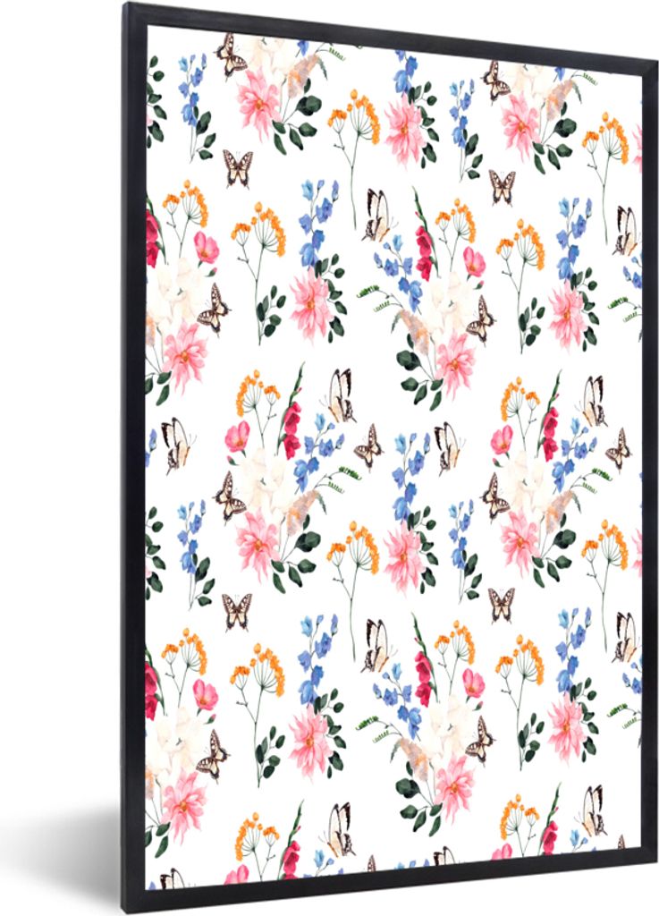 MuchoWow MuchoWow Gerahmtes Poster Blumen - Schmetterlinge - Collage 40x60 cm - Poster mit zchwarzem Bilderrahmen - Papierdruck - Wandbilder