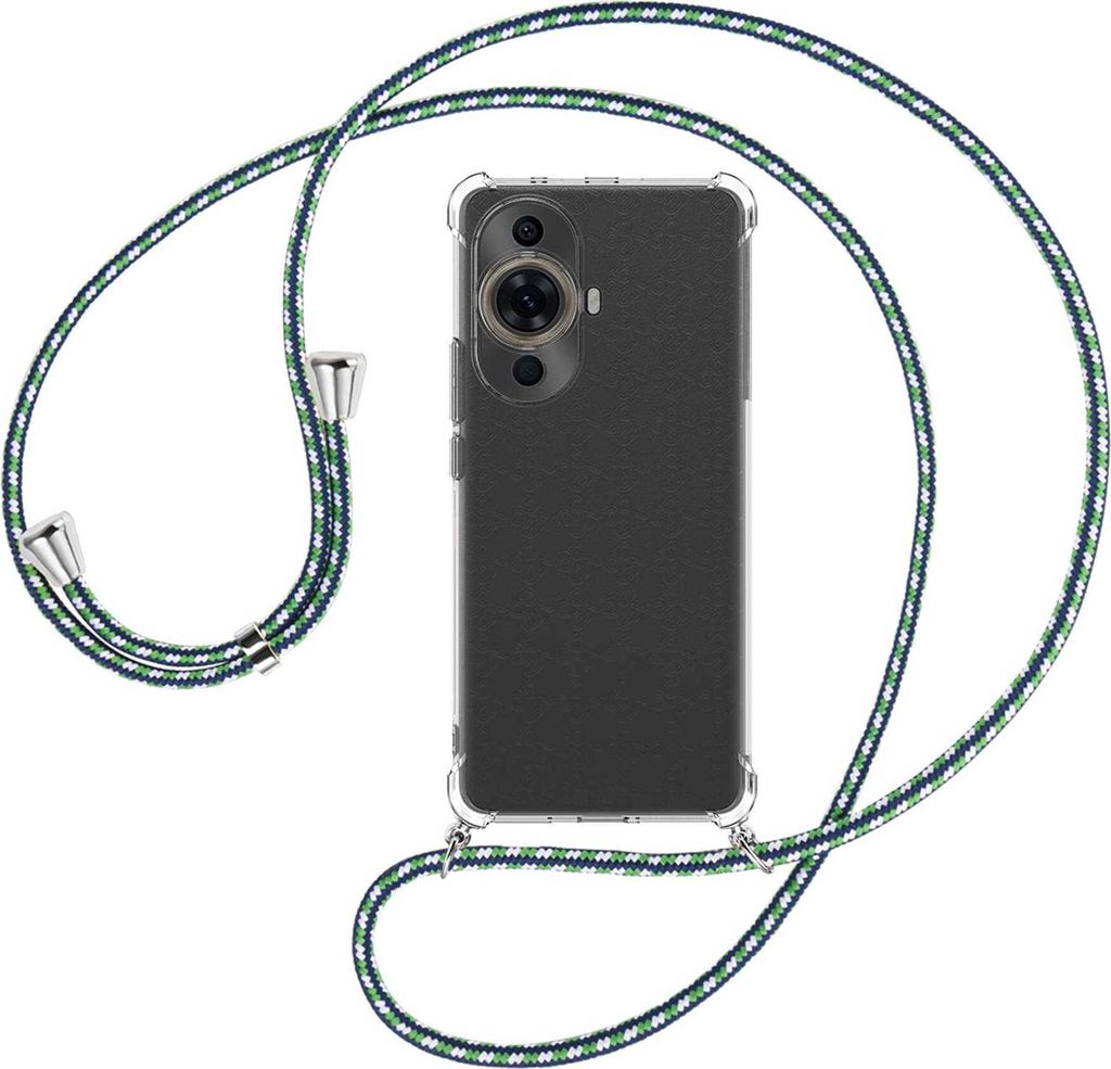 Handykette Backcover-Schutzhülle mit Band (Metall silberfarben) für Huawei nova 11 Pro (GOA-AL80,LX9) - grün/blau/weiß
