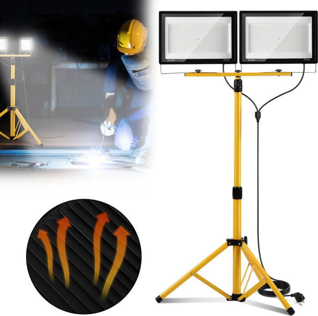 Ikodm LED Baustrahler mit Stativ, 2x200W Arbeitsleuchte IP66, Höhenverstellbarer Baustrahler Außen, 6500K für Baustelle Garage Werkstatt Garten