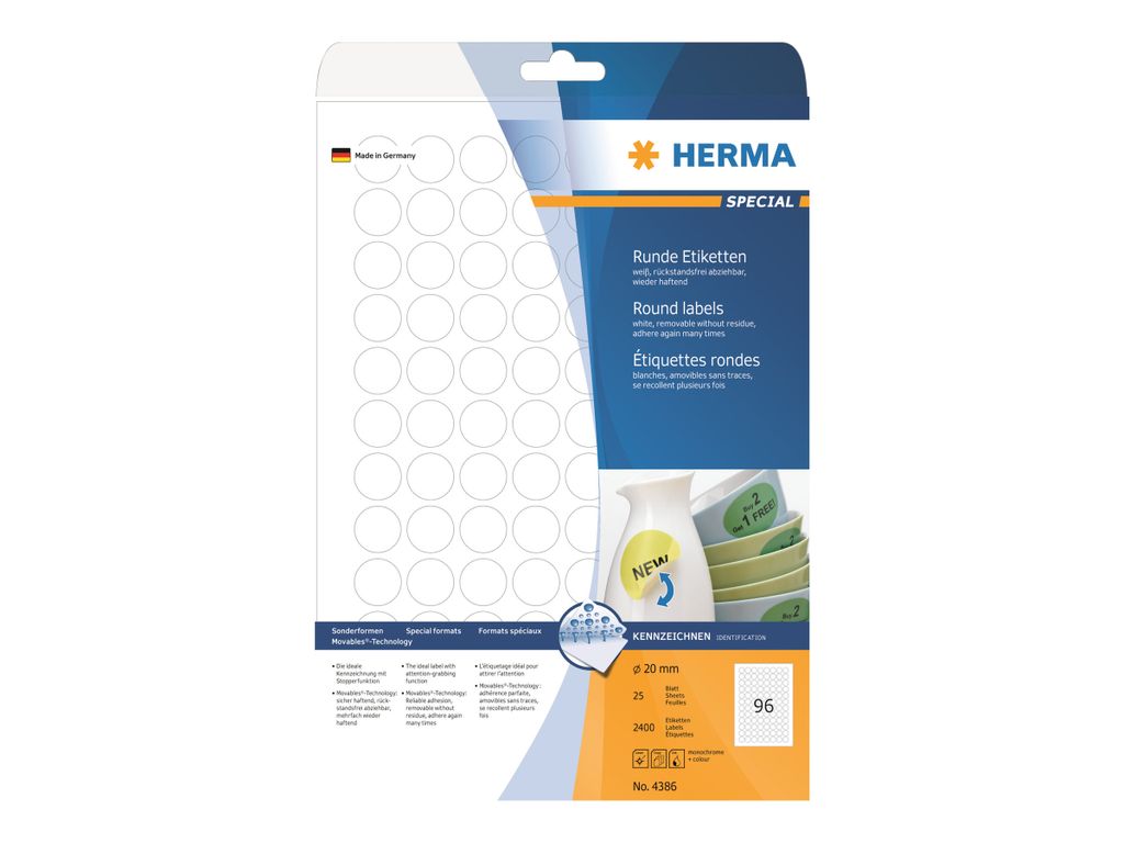 HERMA Etikett, Inkjet/Laser/Kopierer, selbstklebend, ablösbar, rund, Ø: 20 mm, weiß (2.400 Stück), Sie erhalten 1 Packung á 2400 Stück