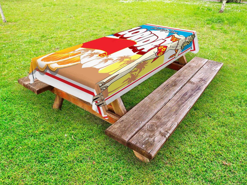 ABAKUHAUS Florida Tischdecke Outdoor, Grüße vom Florida-Postkarten-Entwurf mit einem Pin-up-Girl im Bikini und in den Orangen, Mehrfarbig, 145x210cm