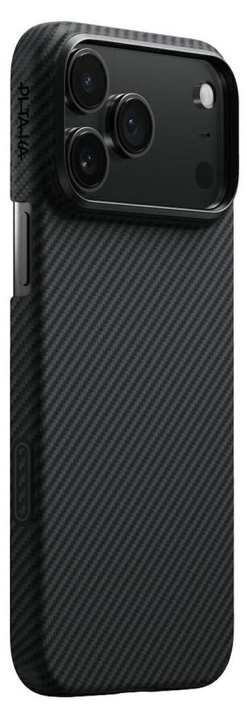 A black iPhone case with a carbon fiber texture is shown from a diagonal angle.