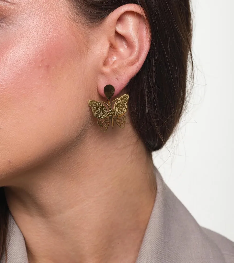 Eleganti orecchini a farfalla dorati in acciaio chirurgico 316L, dimensioni 3 x 2,8 cm, chiusura a bottone