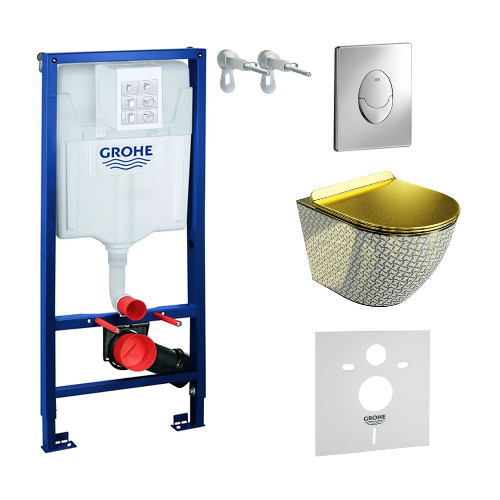 GROHE Vorwandelement Solido Start + Wand Hänge WC Sofi Slim Golden Never Die Spülrandlos + WC-Sitz SoftClose |Verchromter Knopf | Komplettset |Un...