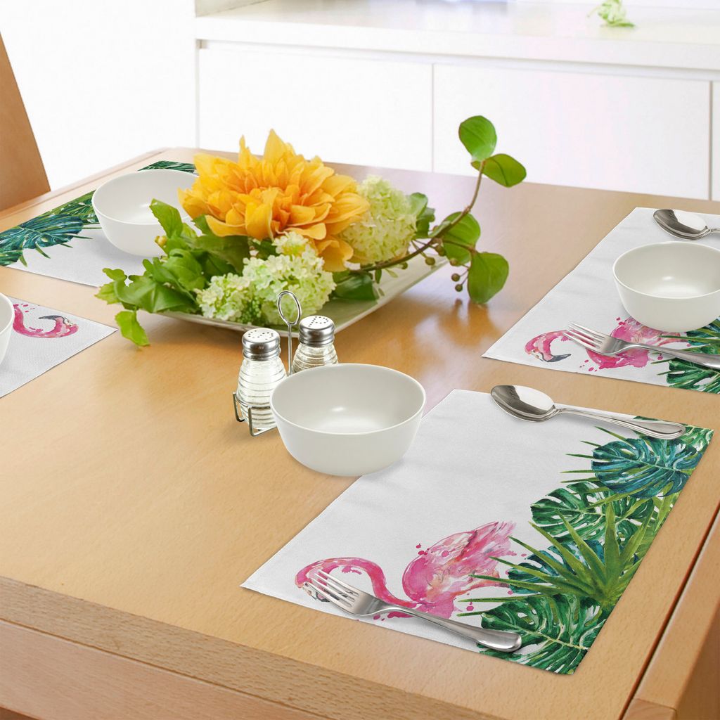 ABAKUHAUS Tropisch Platzmatten, Exotische Natur botanische Artwork mit Blättern und Flamingo Watercolors Artwork, Tiscjdeco aus Farbfesten Stoff f...