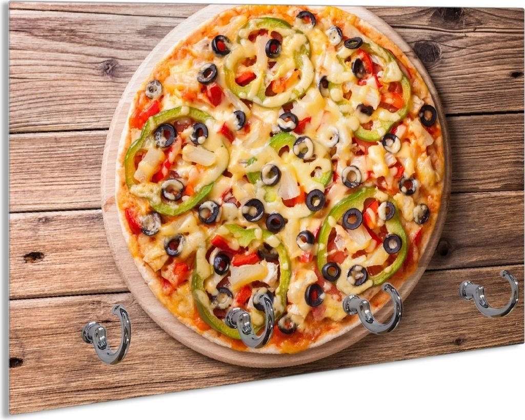 Wallario Handtuchhalter aus Glas, Motiv: Italienische Pizza mit Peperoni, Oliven. Paprika und Käse, 30 x 20 cm mit 4 Haken