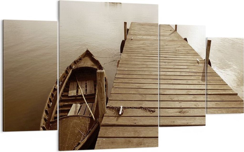Bild auf Leinwand - Leinwandbild - 4 Teile - Brücke Boot Sepia - 160x90cm - Wand Bild - Wanddeko - Wandbilder - Leinwanddruck - Bilder - Wanddekor...