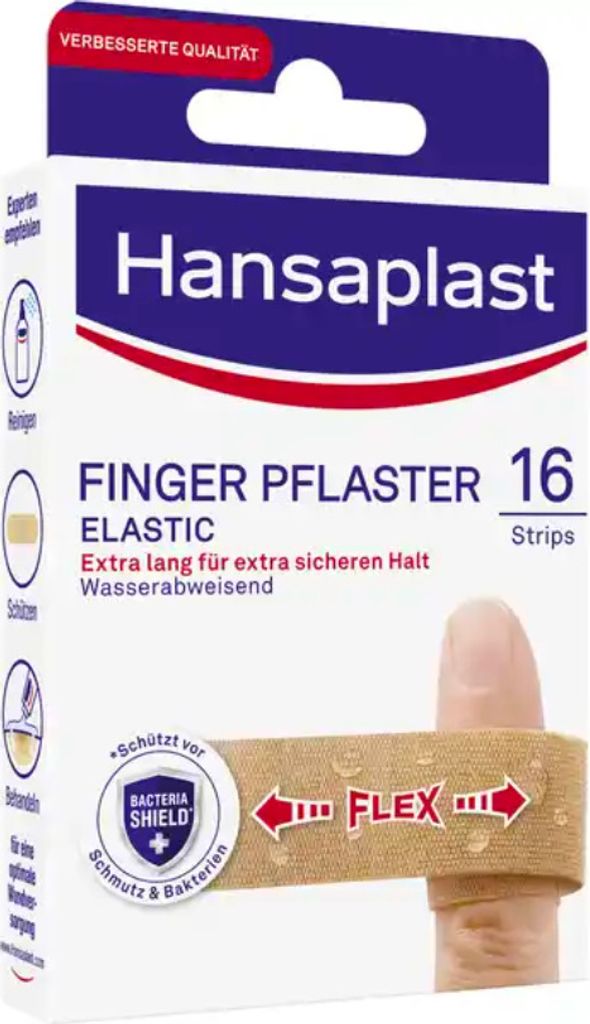A product box for Hansaplast finger plasters, showing a close-up of a finger with a plaster applied.