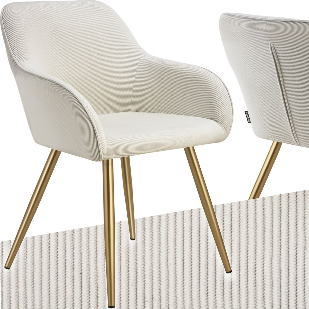 A cream-colored armchair with gold legs is shown against a white background, with a textured panel at the bottom.
