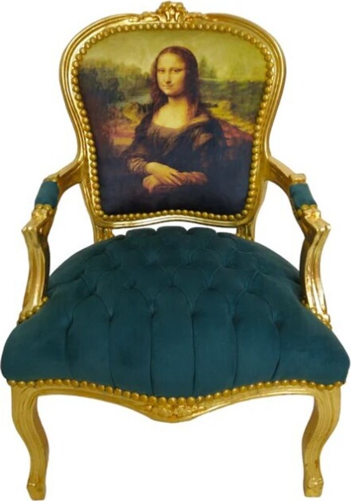 Barockstuhl Barock Stuhl Salon Salonstuhl Armlehne Grün Gold Stoff Esszimmer Wohnzimmer Büro Flur Antik Design Klassisch Premium Luxus Modern Retro