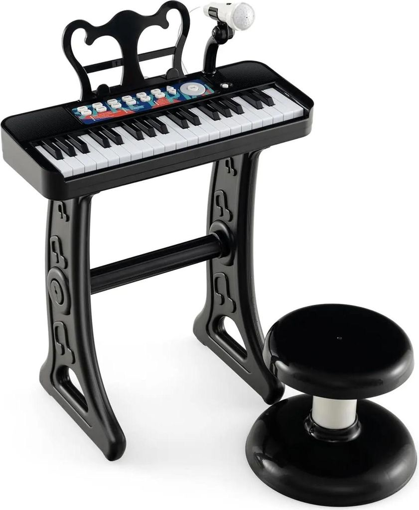 Kinder Keyboard - E-Piano 37 Tasten - Mikrofon - Hocker - Notenständer - Für Kinder 3–6 Jahre - Schwarz