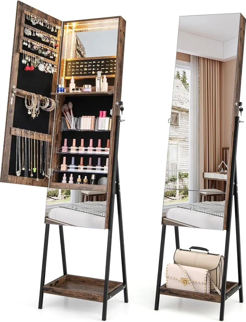 COSTWAY Armadio portagioie con specchio, armadietto a specchio con serratura e 3 luci LED colorate, a libera installazione per camera da letto, soggiorno, marrone