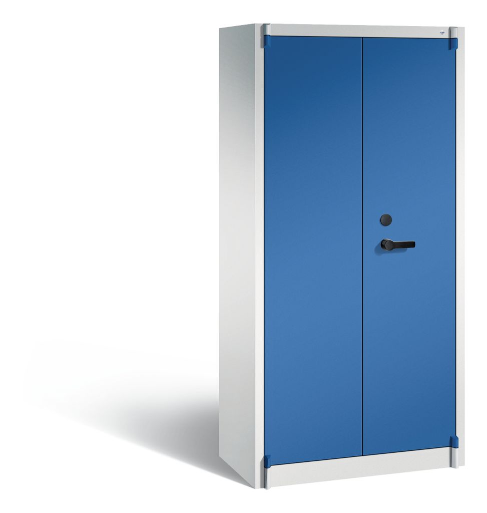 Feuergeschützter Flügeltürenschrank, BxTxH 930x500x1950 mm, 2-türig, 3 Fachböden, 2 Schließfächer, RAL 7035/5010 lichtgrau/enzianblau