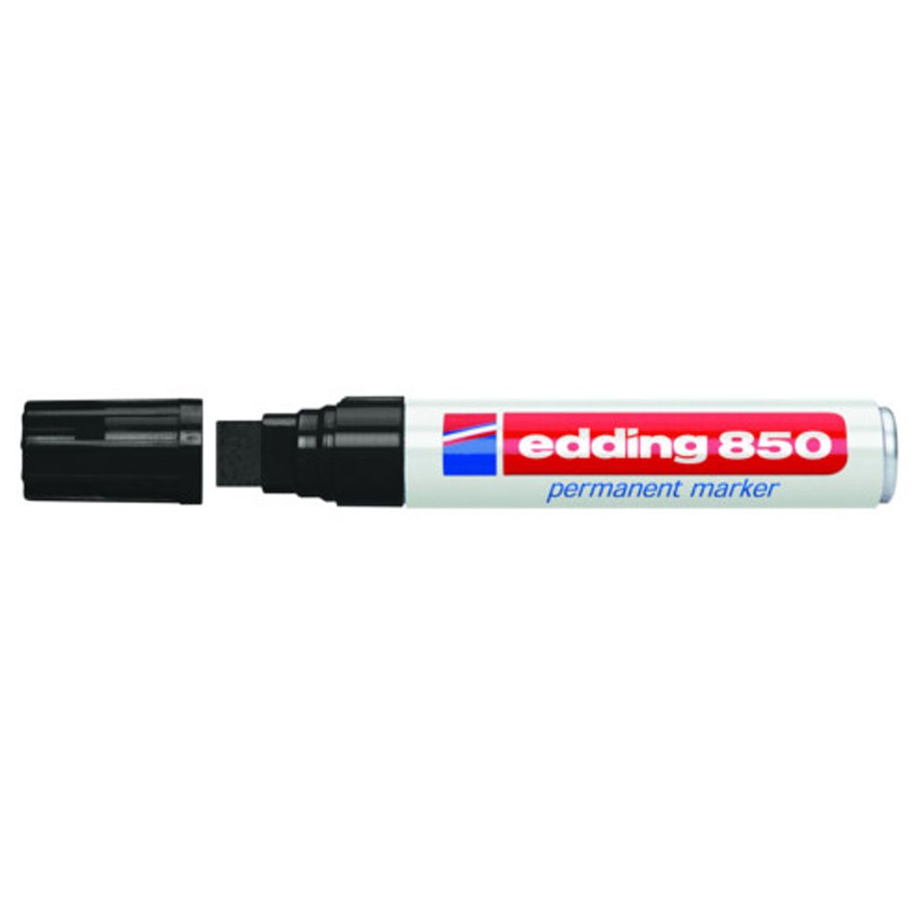 A black Edding 850 permanent marker with its cap off, shown against a white background.