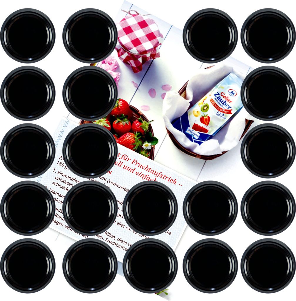 20er Set Deckel To 82 schwarz passend für 230ml / 350ml / 435ml Gläser incl. Diamant-Zucker Gelierzauber Rezeptheft