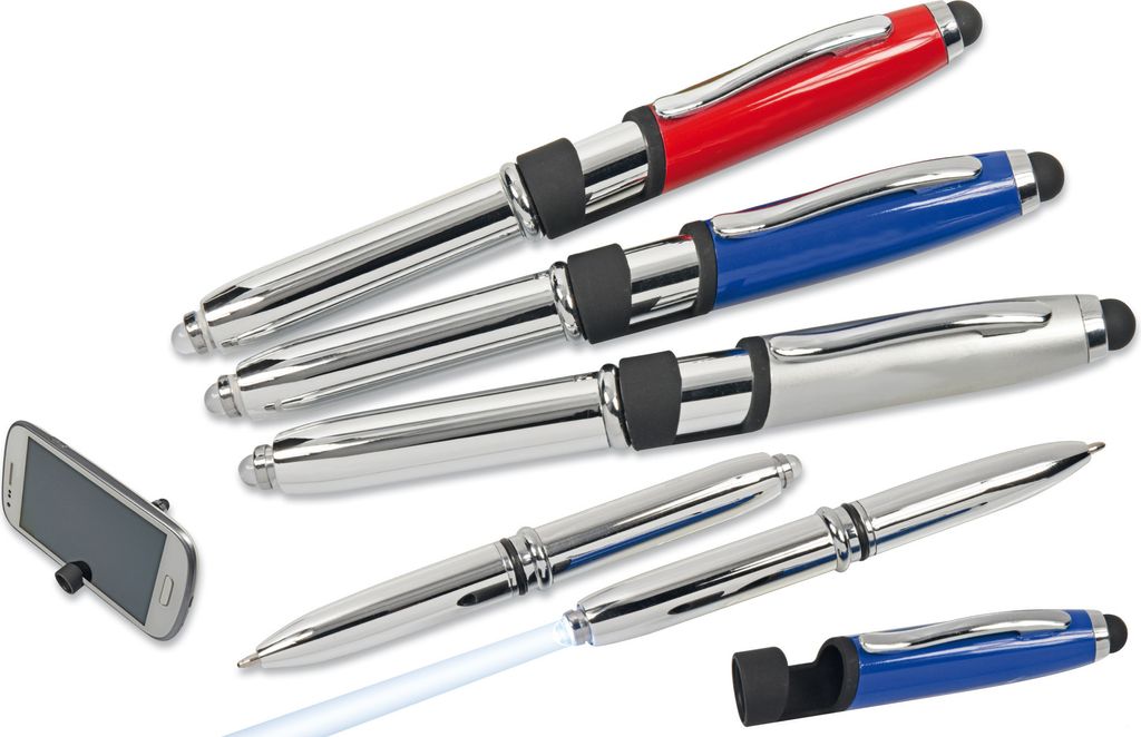 3x LED Touchpen Kugelschreiber mit Smartphone Halterung / je 1x silber,blau,rot
