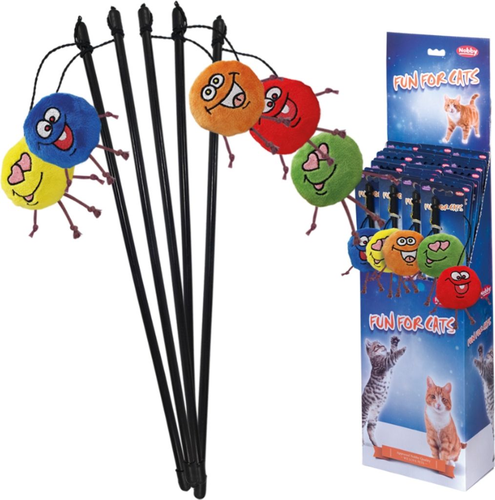 Angel "Crazy Faces" mit Baldrian Display 25 Stück, Stab: 50 cm, Band mit Spielzeug: 55 cm