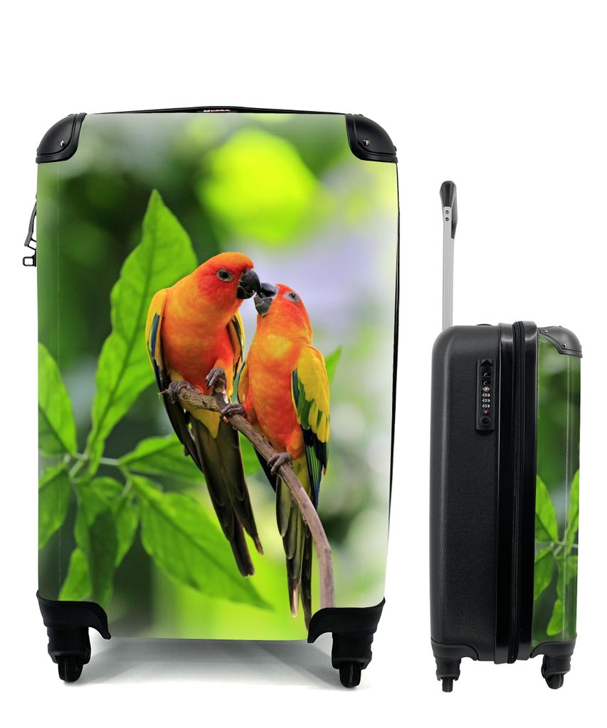 MuchoWow Koffer Handgepäck Trolley Rollkoffer Kleine Reisekoffer mit 4 Rollen - Zwei Sonnensittiche sitzen zusammen auf einem Ast - Cabin Size <...