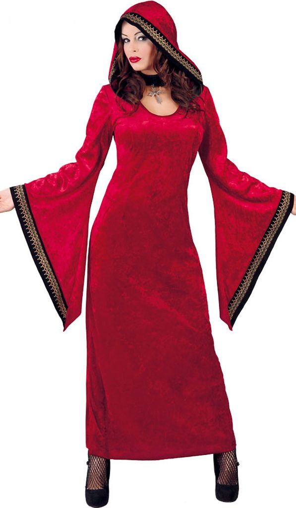 langes rotes Vampir Kleid mit weiten Ärmeln Kostüm für Damen Gr. M-XL, Größe:L