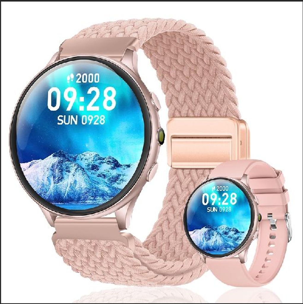 Smartwatch 1,46 Zoll HD Touchscreen mit Bluetooth-Anrufen, Taschenlampe, AI Sprachassistent, Herzfrequenz- & Schlafmonitor, 2 Armbänder, Rosa