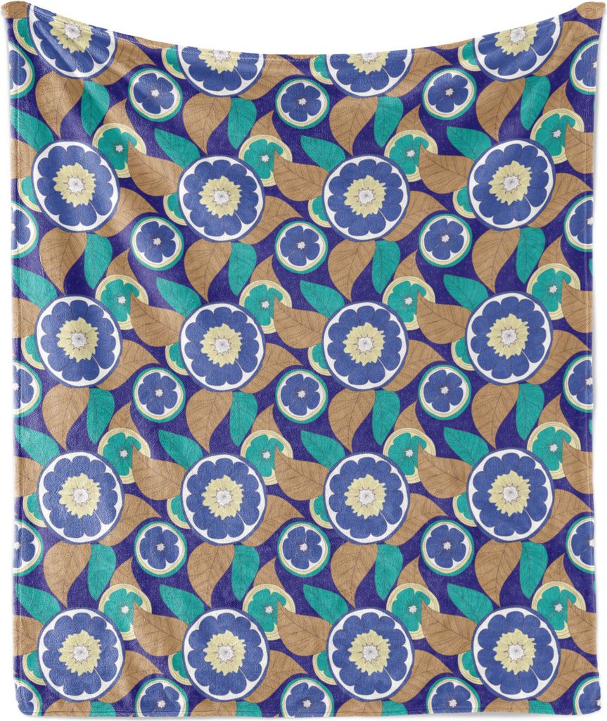 ABAKUHAUS Obst Weich Flanell Fleece Decke, Mehrfarbige Zitronenscheiben und Blätter Muster Kalk und Laub Motive, 175 x 230 cm, Indigo Dunkel Seafo...