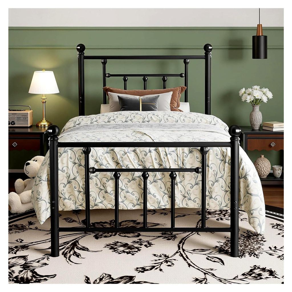 Einzelbett Metall 90x200 cm, Bettgestell mit Metall-Lattenrost, Hoher Kopfteil, Hohe Belastbarkeit, Geräuschlos, 32 cm Bodenfreiheit, Einfache Mon...