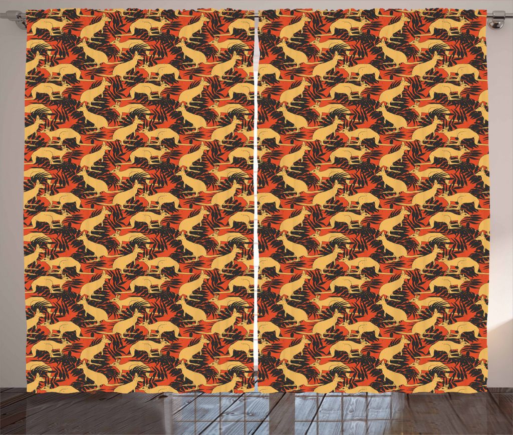 ABAKUHAUS Känguru Rustikaler Gardine, Tiere und Palmblätter, Schlafzimmer Kräuselband Vorhang mit Schlaufen und Haken, 280 x 225 cm, Blasse Oran...