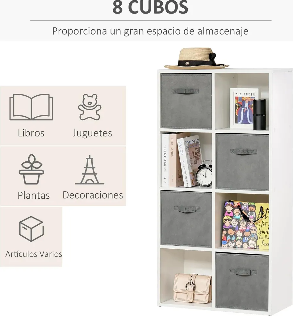 Étagère à 8 compartiments avec 4 boîtes en tissu - Bibliothèque Blanche