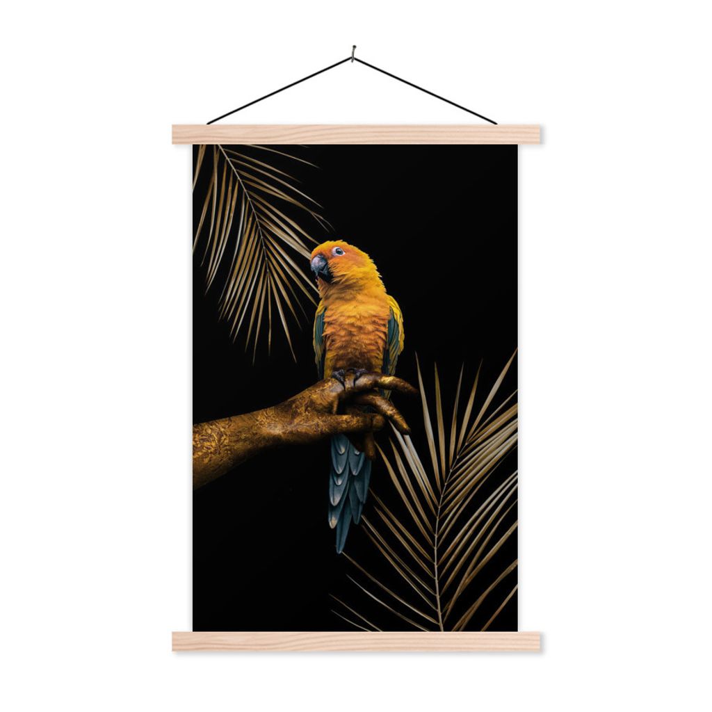 MuchoWow Textilposter Gelb - Farn - Papagei 60x90 cm mit holzfarbenen Rahmen - Textil
