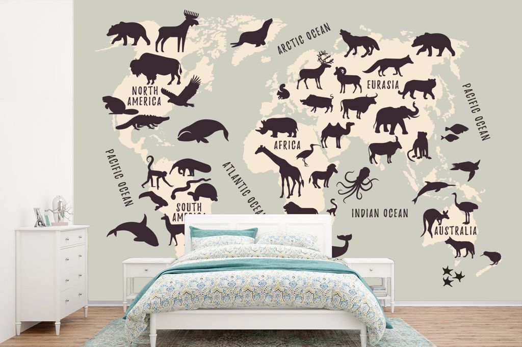 MuchoWow Fototapete für Wohnzimmer oder Schlafzimmer Wandtapete Vinyl Motivtapete Weltkarte - Kinder - Grau - 600x400 cm - Vinyltapeten