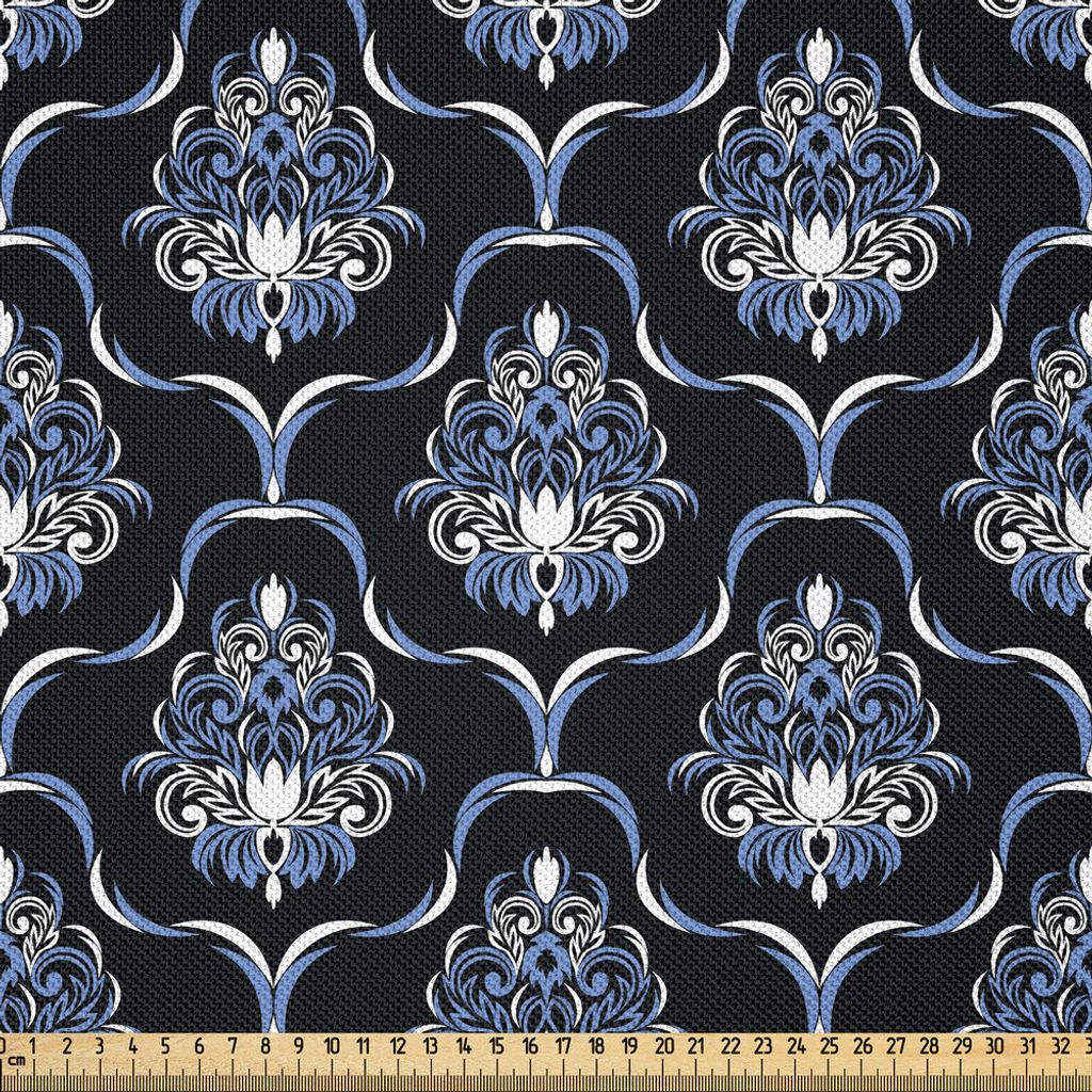 ABAKUHAUS Dunkelblau Satin Stoff als Meterware, Vintage königliche Damast-Motiv-Wirbel Curvy Fliese-viktorianische Mode, 10 M (148 x 1000 cm), Bla...