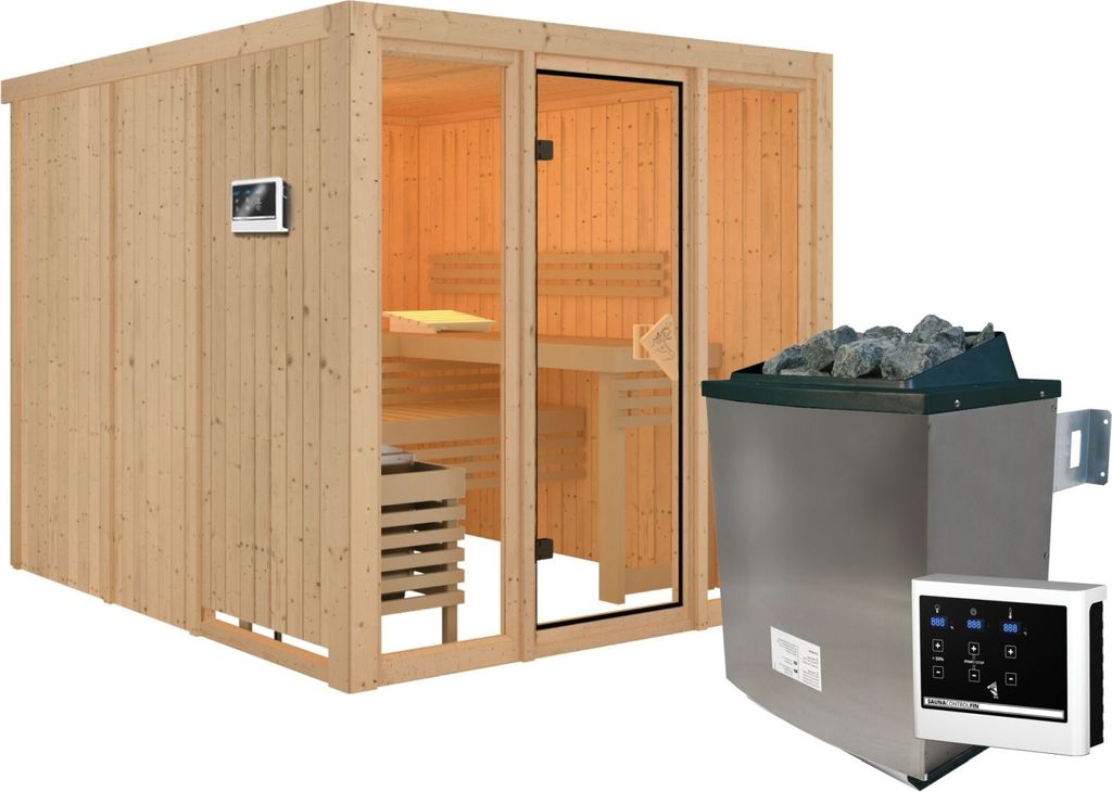 Karibu Sauna Innensauna Askja Fronteinstieg Ofen 9 KW externe Strg easy 216x234x198 cm ohne Dachkranz