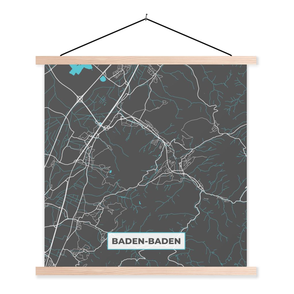 MuchoWow Textilposter Baden Baden - Stadtplan - Blau - Karte - Deutschland 40x40 cm mit holzfarbenen Rahmen - Posterleiste