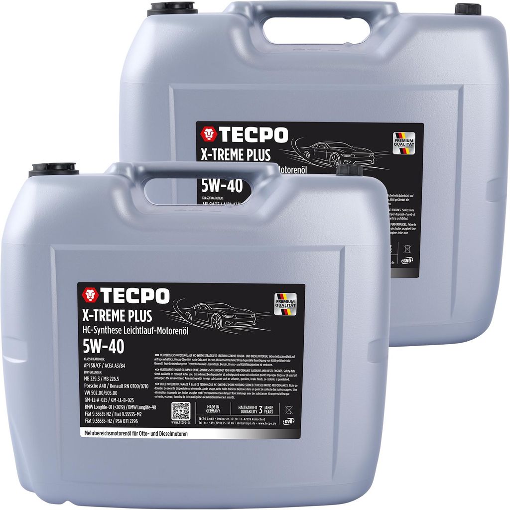 TECPO Motoröl 5W40 Öl X-TREME Plus Öl, 40 Liter 5W-40 Gebinde HC-Synthese für Diesel-und Benzinmotoren entspricht API SN/CF / ACEA A3/B4 / 502/...