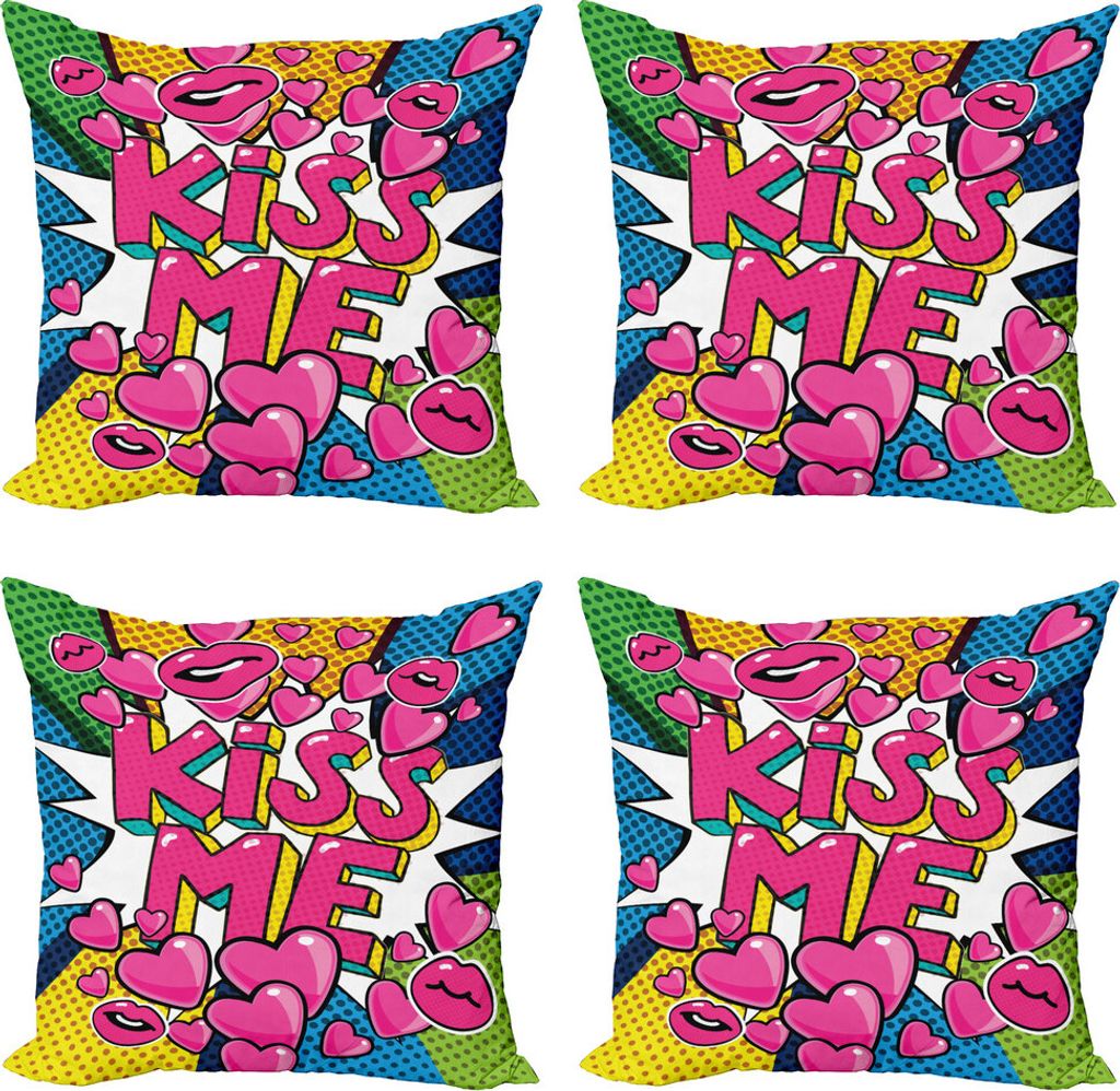 ABAKUHAUS Küss mich Kissenbezug Set (4 Stück), Retro Herzen Lippenstift, Moderner Doppelseitiger Digitaldruck, 45 cm x 45 cm, Mehrfarbig