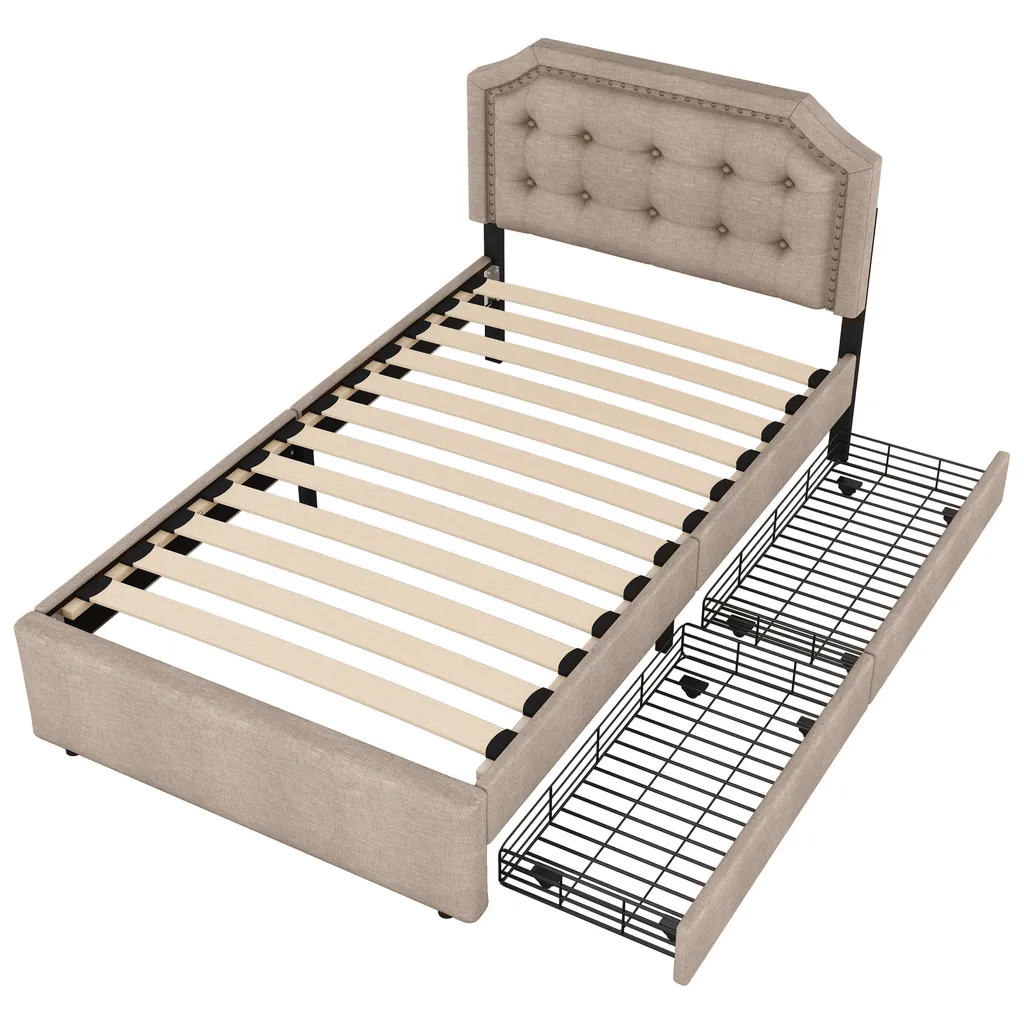 Lit 90x200 cm beige foncé avec tête de lit courbée et clous chromés